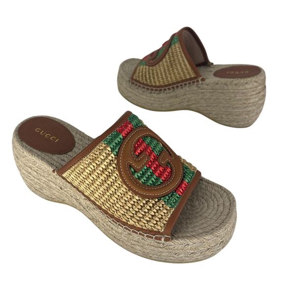 Gucci Adela Leather Trimmed Raffia Wedge Espadrilles - Picture 5 of 16